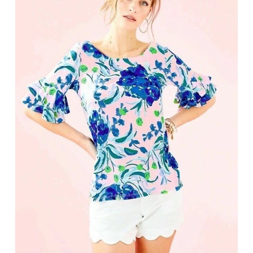 EUC Lilly Pulitzer Lula Top Tropical Turquoise Ruffle Sleeve Small